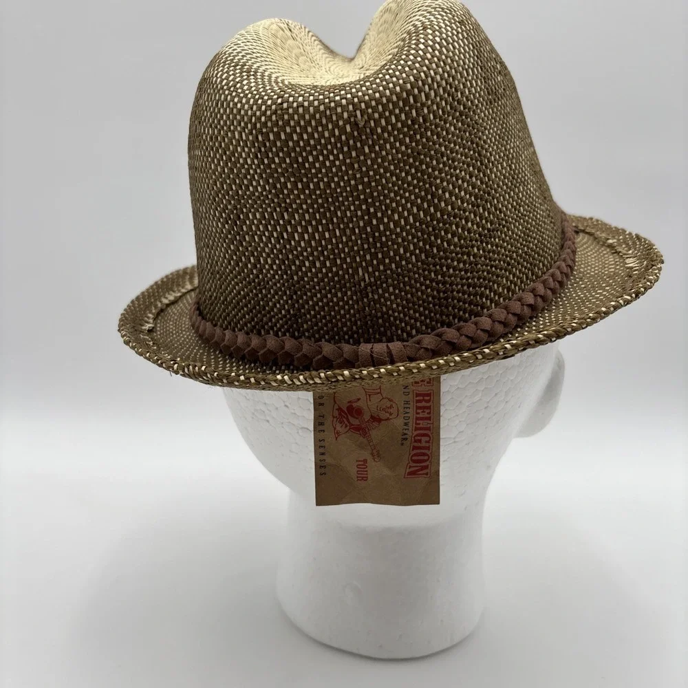 True Religion Jeans Paper Straw Fedora Hat Small/Medium Distressed‎ Leather NWT